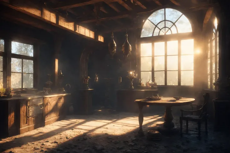 <lyco:DarkFantasy:1.0>Dark fantasy banner, The Witcher 3 game style,An Aspect Ratio, 21:9 Aspect Ratio, Masterpiece Breathtaking 8k Unreal Engine, Exquisite Dining Room with Large Windows to Enjoy the Medieval Cozy Kitchen, Medieval Iron Armor Ornament, , Iron Armor Ornament, decorative items for the room,Well Maintained, Clean, Medieval, Fantasy Type, Natural Light, (the Tyndall effect),Fantasy, Natural Light, Conceptual Art, Used Abandoned Items Scattered Nearby, (Sharp Focus), HDR, Global Lighting, Diffuse Lighting, Volumetric Lighting Mirror lighting, cinematic lighting, high definition, best quality, (natural textures, surrealism, sharp: 1.2), (sharp focus: 1.2), volumetric fog, caustic effect,ZphyrInsanity_Negative