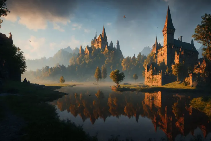 <lyco:DarkFantasy:1.0>Dark fantasy banner, The Witcher 3 game style,An aspect ratio, 21:9 aspect ratio, masterpiece Breathtaking 8k Unreal Engine, a dilapidated castle nestled in fields and woods, looks like a (intricate detail, hyper detail, gothic vampire lair: 1. 5), there is a small river flowing near the castle, (sharp focus), HDR, global lighting, diffuse lighting, volumetric lighting, specular lighting, cinematic lighting High Definition, Best Quality, (Natural Textures, Surrealism, Sharp: 1.2), (Sharp Focus: 1.2), Volumetric Fog, Caustics