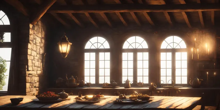 <lyco:DarkFantasy:1.0>Dark fantasy banner, The Witcher 3 game style,An Aspect Ratio, 21:9 Aspect Ratio, Masterpiece Breathtaking 8k Unreal Engine, Exquisite Dining Room with Large Windows to Enjoy the Medieval Cozy Kitchen, Well Maintained, Clean, Medieval, Fantasy Type, Natural Light, Fantasy, Natural Light, Conceptual Art, Used Abandoned Items Scattered Nearby, (Sharp Focus), HDR, Global Lighting, Diffuse Lighting, Volumetric Lighting Mirror lighting, cinematic lighting, high definition, best quality, (natural textures, surrealism, sharp: 1.2), (sharp focus: 1.2), volumetric fog, caustic effect,ZphyrInsanity_Negative