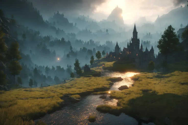 <lyco:DarkFantasy:1.0>Dark fantasy banner, The Witcher 3 game style, An aspect ratio, 21:9 aspect ratio, masterpiece Breathtaking 8k Unreal Engine, a castle nestled in fields and woods that looks like a (intricate detail, hyper detail, gothic vampire lair: 1. 5), with a small river flowing near the castle, (sharp focus), HDR, global lighting, diffuse lighting, volumetric lighting, specular lighting, cinematic lighting High Definition, Best Quality, (Natural Textures, Surrealism, Sharp: 1.2), (Sharp Focus: 1.2), Volumetric Fog, Caustics