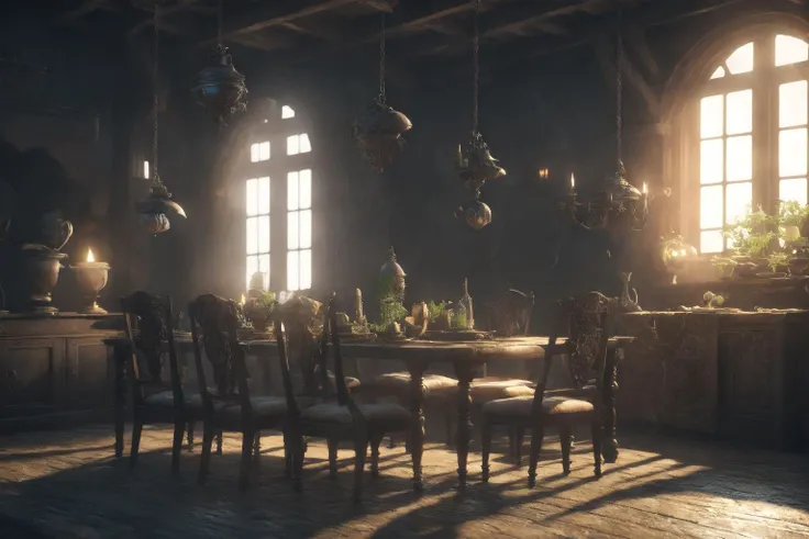 <lyco:DarkFantasy:1.0>Dark fantasy banner, The Witcher 3 game style,An Aspect Ratio, 21:9 Aspect Ratio, Masterpiece Breathtaking 8k Unreal Engine, Exquisite Dining Room with Large Windows to Enjoy the Medieval Cozy Kitchen, Medieval Iron Armor Ornament, , Iron Armor Ornament, decorative items for the room,Well Maintained, Clean, Medieval, Fantasy Type, Natural Light, Fantasy, Natural Light, Conceptual Art, Used Abandoned Items Scattered Nearby, (Sharp Focus), HDR, Global Lighting, Diffuse Lighting, Volumetric Lighting Mirror lighting, cinematic lighting, high definition, best quality, (natural textures, surrealism, sharp: 1.2), (sharp focus: 1.2), volumetric fog, caustic effect,ZphyrInsanity_Negative