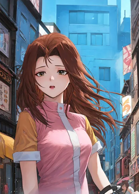 masterpiece, best quality, extremely delicate and beautiful, highres, original, <lora:SerenityV1:0.8>, serenitydm, long hair, brown hair, pink shirt, gray eyes, dueldisk, city