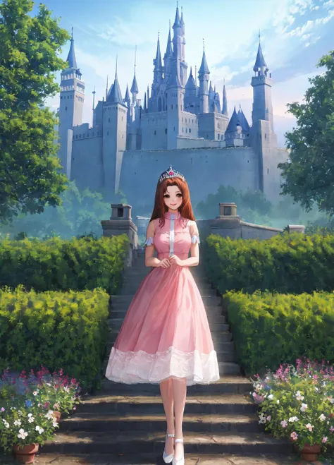 masterpiece, best quality, extremely delicate and beautiful, highres, original, <lora:SerenityV1:0.8>, serenitydm, long hair, brown hair, gray eyes, pink dress, toyal dress, princess dress, tiara, high heels, smile, garden, flowers, castle, white shoes