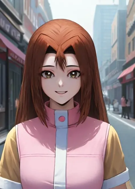 masterpiece, best quality, extremely delicate and beautiful, highres, original, <lora:SerenityV1:0.8>, serenitydm, long hair, brown hair, pink shirt, upper body, gray eyes, city