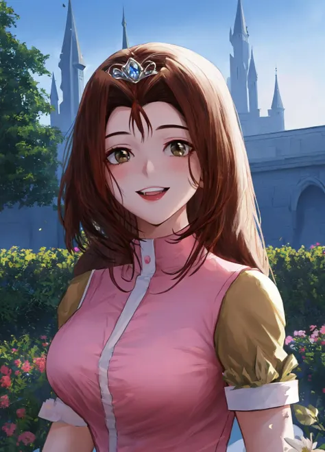 masterpiece, best quality, extremely delicate and beautiful, highres, original, <lora:SerenityV1:0.8>, serenitydm, long hair, brown hair, gray eyes, pink dress, toyal dress, princess dress, tiara, upper body, smile, garden, flowers, castle