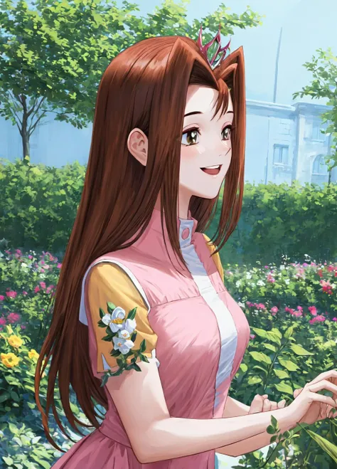 masterpiece, best quality, extremely delicate and beautiful, highres, original, <lora:SerenityV1:0.8>, serenitydm, long hair, brown hair, gray eyes, pink dress, toyal dress, princess dress, tiara, upper body, smile, garden, flowers, castle