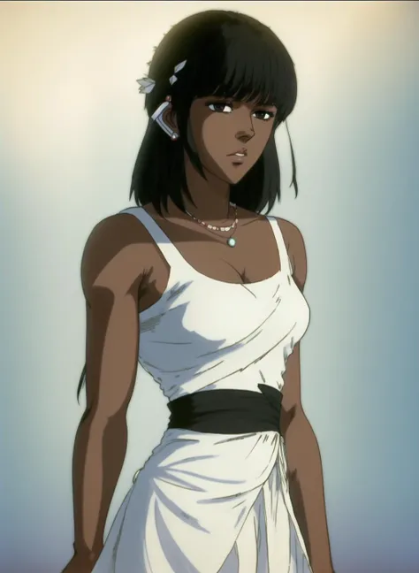 1 girl, solo, mature woman, slender, dark skin, shaded face, simple calligraphic background,standing, cool face, calm, sharp eyes, soft smile, black hair, sexy white chinese dress, off shoulders, hoop earings, intricate designed,short twintails ,:3,
HNKstyle
<lora:HNKstyle-000001:0.8>