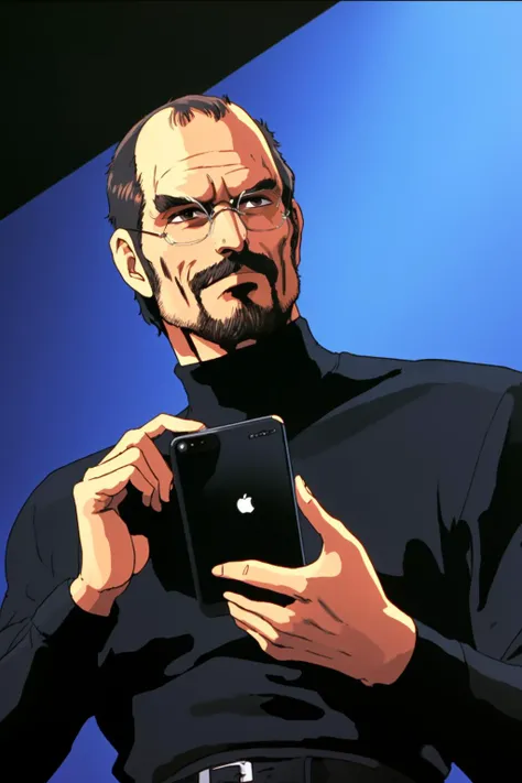 closeup of Steve Jobs, in a black turtleneck, blue jeans, on a stage, holding an iphone, 
HNKstyle, 80's anime,
<lora:HNKstyle:0.7>