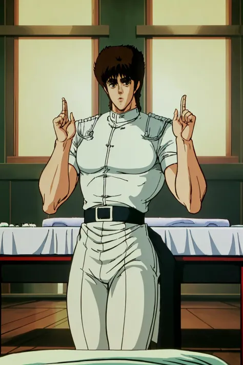 <lora:HNKstyle:0.75>, HNKstyle, white nurse uniform,  a man holding his index fingers up standing behind a massage table, best quality, ((very short hair)), black hair