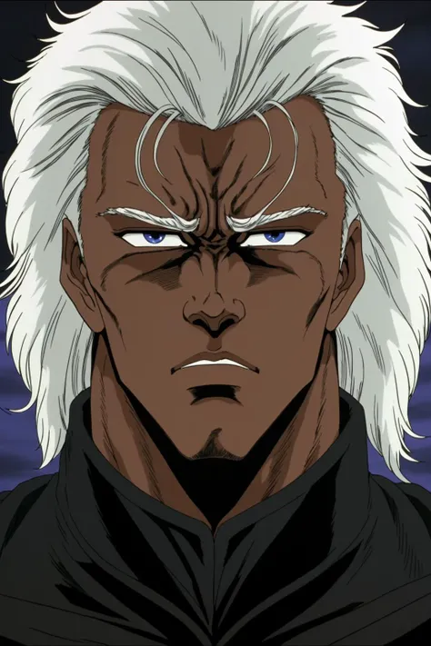 closeup of a man with dark skin, white hair, with a serious expression, wearing a black business suit, and a black tie, looking at something, at night,
HNKstyle, 80's anime,
<lora:HNKstyle-000001:0.7>