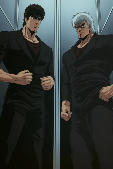 closeup of two men, standing an an elevator, wearing a dark gray business suit, wearing a black shirt,
HNKstyle,
<lora:HNKstyle-000001:0.7>
