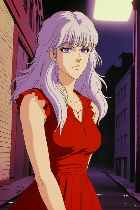 closeup of a woman with white hair, purple eyes, wearing a red dress, in a street at night,
HNKstyle, 80's anime,
<lora:HNKstyle-000001:0.7>