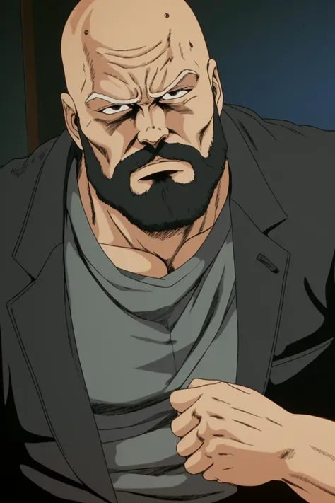 closeup of a bald man with a beard wearing a dark gray business suit, wearing a black shirt, in an office HNKstyle
<lora:HNKstyle-000001:0.7>