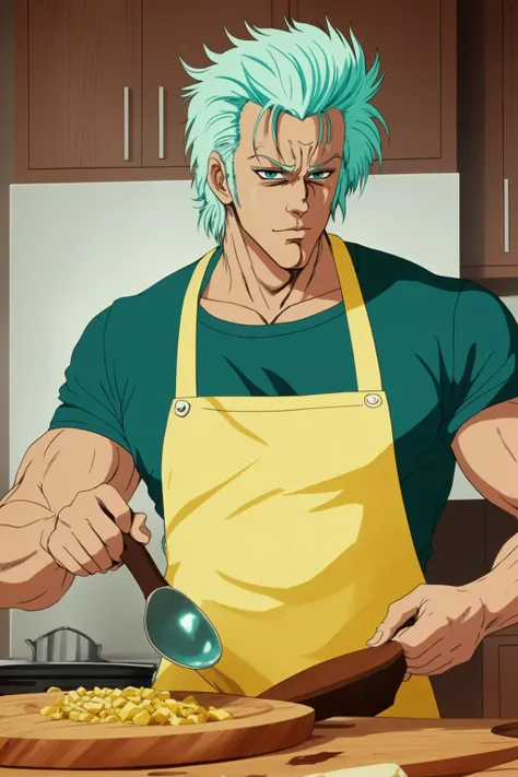 closeup of a man with teal hair, wearing a yellow apron, cooking in a kitchen, holding a pan and a wooden spoon,
HNKstyle,
<lora:HNKstyle-000001:0.7>