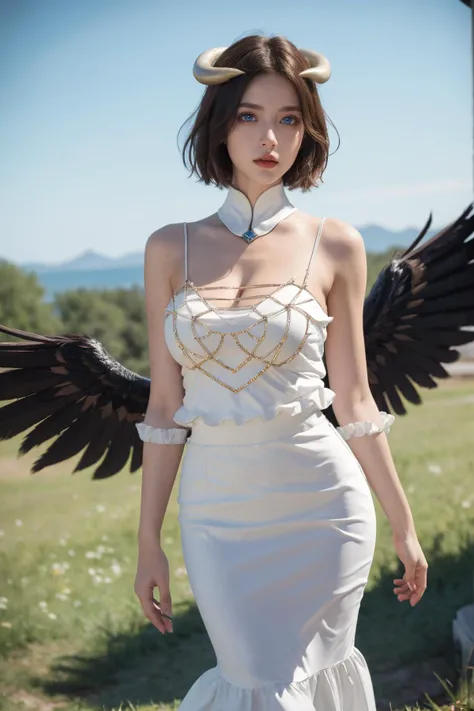 (Best Quality, Masterpiece:1.4), (Realism:1.2), (Realisitc:1.2), (Absurdres:1.2), (photorealistic:1.3), 1girl,Realistic Skin,Solo,( Very Big Eyes,beautiful detailed eyes, symmetric eyes), outdoors ,standing, purple eyes, short hair, <lora:albedoV1:1>,white dress,large breasts, cowboy shot, cleavage, black wings, feathered wings, white horns, ,groin, hip vent, demon horns, feet out of frame,