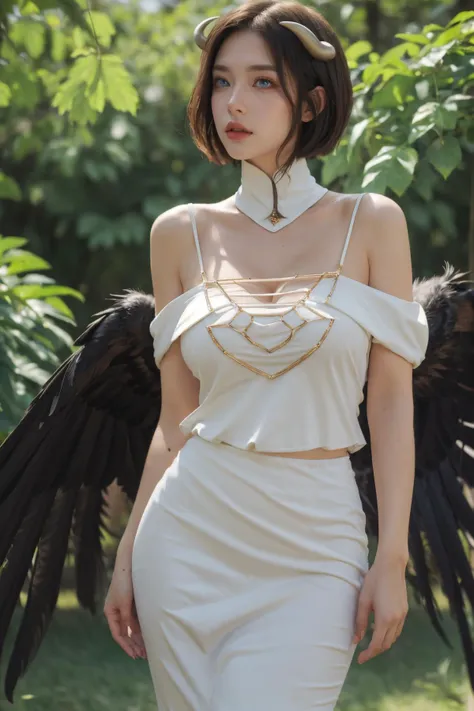 (Best Quality, Masterpiece:1.4), (Realism:1.2), (Realisitc:1.2), (Absurdres:1.2), (photorealistic:1.3), 1girl,Realistic Skin,Solo,( Very Big Eyes,beautiful detailed eyes, symmetric eyes), outdoors ,standing,<lora:char-madoka:0.8>,purple eyes, short hair, <lora:albedoV1:1>,white dress,large breasts, cowboy shot, cleavage, black wings, feathered wings, white horns, ,groin, hip vent, demon horns, feet out of frame,