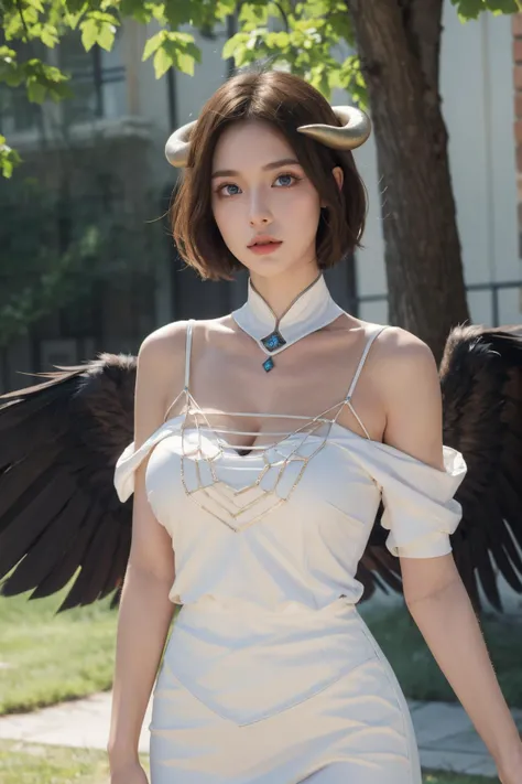 (Best Quality, Masterpiece:1.4), (Realism:1.2), (Realisitc:1.2), (Absurdres:1.2), (photorealistic:1.3), 1girl,Realistic Skin,Solo,( Very Big Eyes,beautiful detailed eyes, symmetric eyes), outdoors ,standing,<lora:char-madoka:0.8>,purple eyes, short hair, <lora:albedoV1:1>,white dress,large breasts, cowboy shot, cleavage, black wings, feathered wings, white horns, ,groin, hip vent, demon horns, feet out of frame,
