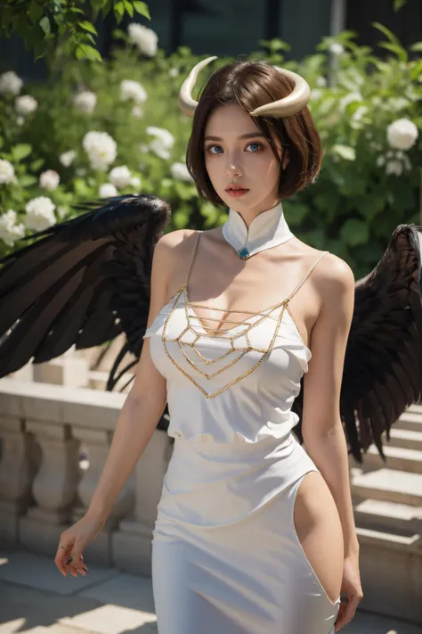 (Best Quality, Masterpiece:1.4), (Realism:1.2), (Realisitc:1.2), (Absurdres:1.2), (photorealistic:1.3), 1girl,Realistic Skin,Solo,( Very Big Eyes,beautiful detailed eyes, symmetric eyes), outdoors ,standing,purple eyes, short hair, white dress,large breasts, cowboy shot, cleavage, black wings, feathered wings, white horns, ,groin, hip vent, demon horns, feet out of frame,(,big breasts:1.3), (thick thighs:1.2)