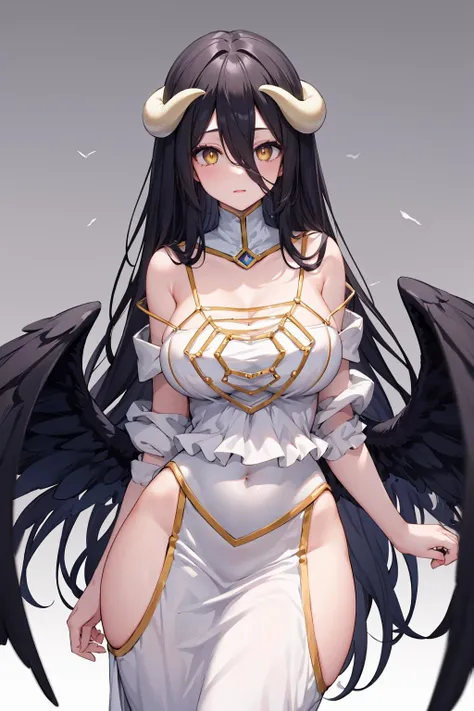 1girl,solo,standing,black hair, very long hair, hair between eyes,long bangs,yellow eyes,slit pupils, <lora:albedoV1:1>,white dress,large breasts, cowboy shot, cleavage, black wings, feathered wings, white horns, ,groin, hip vent, demon horns, feet out of frame,