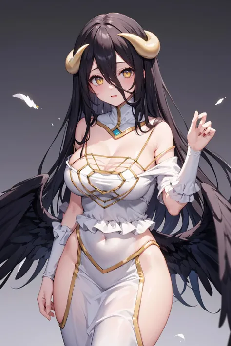 1girl,solo,standing,black hair, very long hair, hair between eyes,long bangs,yellow eyes,slit pupils, <lora:albedoV1:1>,white dress,large breasts, cowboy shot, cleavage, black wings, feathered wings, white horns, ,groin, hip vent, demon horns, feet out of frame,