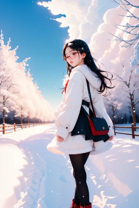 tv_Hana_Jeong_MXAI, grand Cosplay Photograph, intricate background, highly detailed, Long exposure of a ("Silent footfalls on fresh snow, a pristine path leading us to new beginnings and untrodden horizons.":1.3) , it is very Curly and [Tasteful:Intricate:13], detailed Black and Ruby Red background, Rubbery city with Dogwood, Clear skies, Very wide view, Illustration, Fantasy, Arte Povera, Side lighting, bokeh, Ilford HP5+ 400, F/1.8, Lomography, Paint splotches, Colorful explosions, hyperdetailed, pixiv