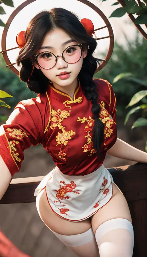 a full body photo of tv_Hana_Jeong_MXAI, (from front), black hair in twin braids, brown eyes, round glasses, slender body, narrow waist, wide hips, thigh gap, smirking smile, makeup, ((wearing a short red qi pao with black embroidery, white stockings)), taking a selfie in a garden, <lora:breastsizeslideroffset:-0.25> <lora:qipao_20240406002218:0.8>