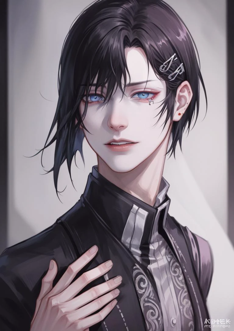 (raw photo:1.4), (photorealistic:1.3),(masterpiece), best quality, highest quality, extremely detailed CG unity 8k wallpaper, detailed and intricate, original,highres, \\ solo,extremely detailed_eyes, fingernails,medium,black hair,short hair, hair,hairclip, male gothic vampire, piercing eyes, long highlighted hair lies on the shoulders,\\ beautifully detailed background,depth of field,(((Tokyo Ghoul))),jojo pose,Bouncing breasts,1boy,<lora:aki-000006:0.5>