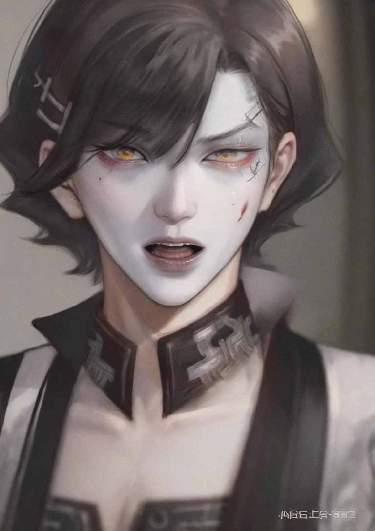 (raw photo:1.4), (photorealistic:1.3),(masterpiece), best quality, highest quality, extremely detailed CG unity 8k wallpaper, detailed and intricate, original,highres, \\ solo,extremely detailed_eyes, fingernails,medium,black hair,short hair, hair,hairclip, male gothic vampire, piercing eyes, long highlighted hair lies on the shoulders, lineart,(((Facial blood vessels,))),Red pupils,battlefield, \\ beautifully detailed background,depth of field,(((Tokyo Ghoul))),jojo pose,Bouncing breasts,1boy, <lora:aki-000007:0.6>