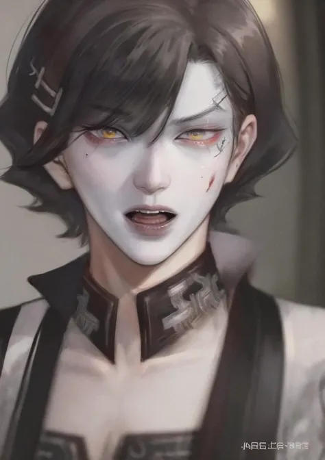 (raw photo:1.4), (photorealistic:1.3),(masterpiece), best quality, highest quality, extremely detailed CG unity 8k wallpaper, detailed and intricate, original,highres, \\ solo,extremely detailed_eyes, fingernails,medium,black hair,short hair, hair,hairclip, male gothic vampire, piercing eyes, long highlighted hair lies on the shoulders, lineart,(((Facial blood vessels,))),Red pupils,battlefield, \\ beautifully detailed background,depth of field,(((Tokyo Ghoul))),jojo pose,Bouncing breasts,1boy, <lora:aki-000007:0.6>