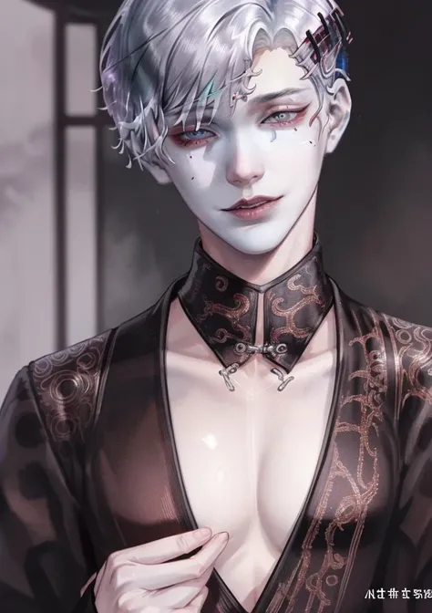 (raw photo:1.4), (photorealistic:1.3),(masterpiece), best quality, highest quality, extremely detailed CG unity 8k wallpaper, detailed and intricate, original,highres, \\ solo,extremely detailed_eyes, fingernails,medium,black hair,short hair, hair,hairclip, male gothic vampire, piercing eyes, long highlighted hair lies on the shoulders,\\ beautifully detailed background,depth of field,(((Tokyo Ghoul))),jojo pose,Bouncing breasts,1boy, <lora:Chinese Ancient Style Men2v1:0.6>