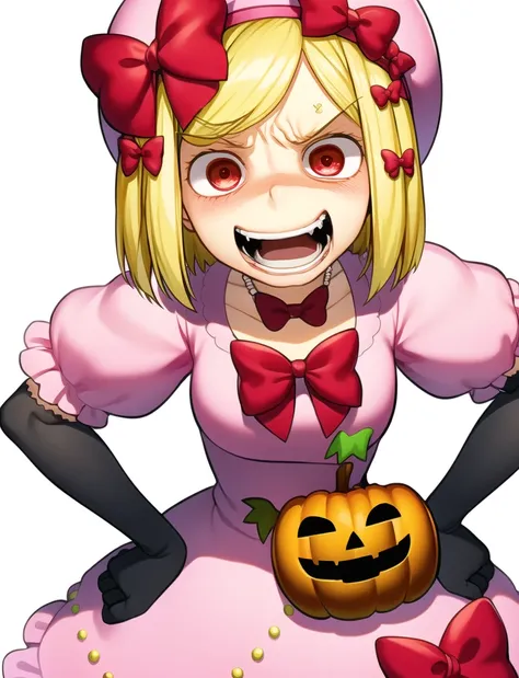 <lora:Lambda1060_6000:1>, 1girl, lambdadelta, blonde_hair, beret, red bows, dress, mad,  bows on dress, hair bows, elbow black gloves,  hands_on_hips, jack-o'-lantern, open_mouth, pink_dress, brown eyes, pumpkin, short_hair, solo, teeth, mad smile, mad eyes