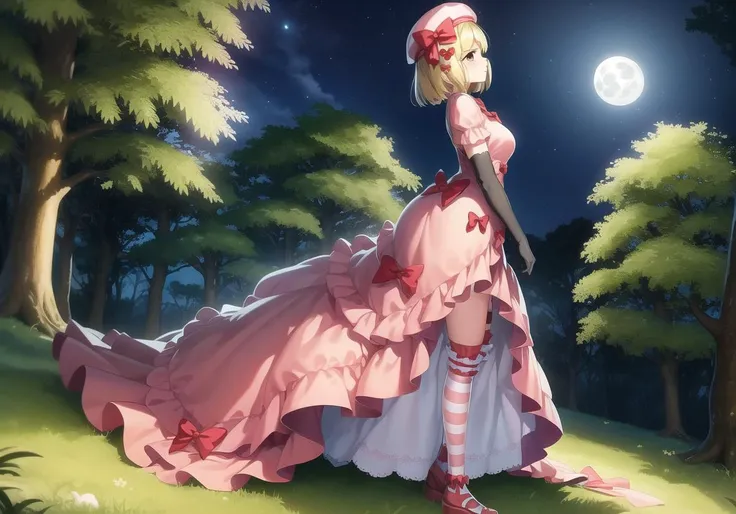 <lora:Lambda1060_6000:0.8>, 1girl, lambdadelta, pink dress, red bows, striped legwear, thighhighs, beret, black gloves, short hair, blonde hair, detailed background, standing, in forest, trees, camp, ultra detailed, masterpiece, best quality, brown eyes, lawn in the forest, sitting on grass, night, moon, (night lighting1.4)