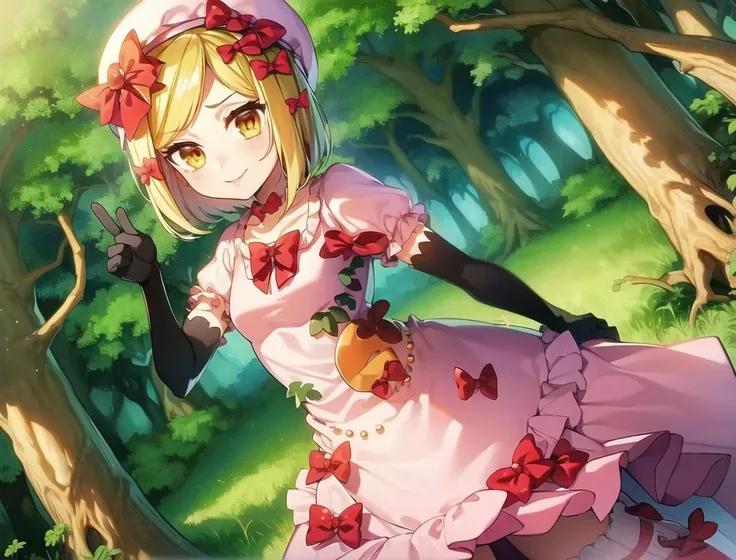 <lora:Lambda1060_6000:1>, 1girl, lambdadelta, pink dress, red bows, dress bows, hand on hip, room, public hair, short hair, blonde hair, (forest:1.5), looking at viewer, black gloves, pink beret, striped legwear, thighhighs
