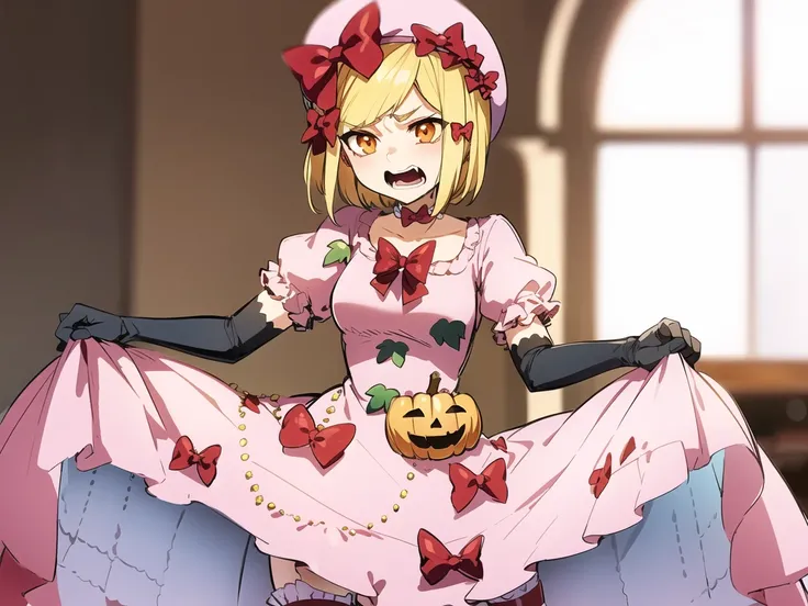 <lora:Lambda1060_6000:1>, lambdadelta, pink dress, red bows, bows on dress, striped legwear, thighhighs, beret, black gloves, short hair, orange eyes, dress lift, jack-o'-lantern pin on dress, blonde hair, detailed background, in the cofe, cafe on background, tables, window, aggressive face