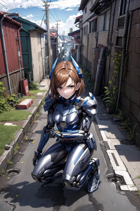 (masterpiece, best quality, detailed), 1girl, solo, aanobara, short hair,
<lora:mecha_offset:1> mecha musume,mechanical parts, robot joints,single mechanical arm, headgear, mecha corset, full armor, outdoors, alley, trash can, industrial pipe, building, urban, puddle, power lines, cloudy sky, sign, dark, night, squatting, from above, on one knee, serious