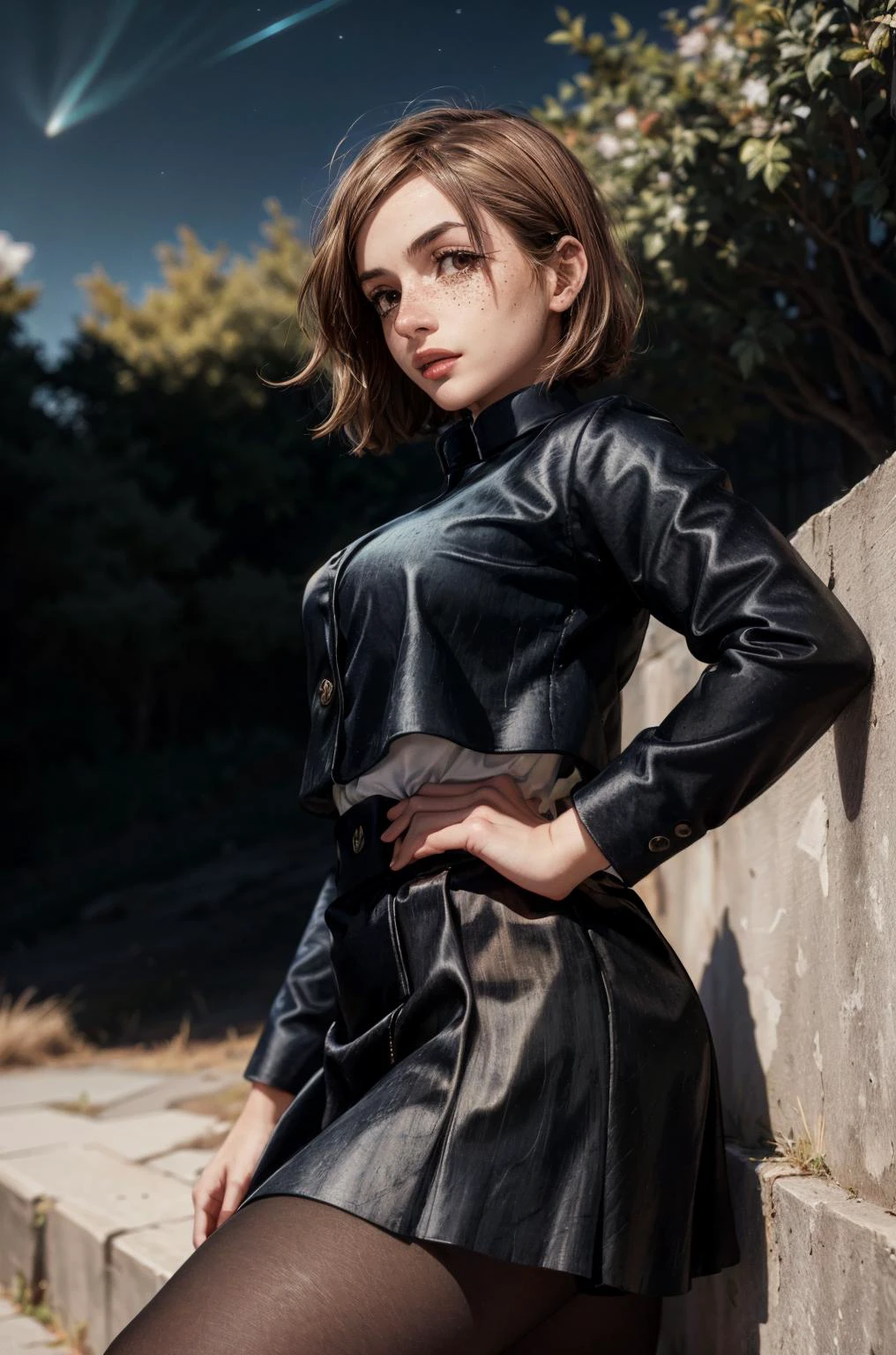(masterpiece, best quality, high resolution:1.3), (seductive pose:1.2), (dynamic angle:1.2), detailed fantasy background,
casual photography, HDR, natural light, (anti-aliasing:1.2), elegant, soft scattered light, realistic proportions, limited palette, backlit, accent lighting, (neutral colors:1.3), cross process, cinematic lighting, coherent light, coherent shadows,
looking at viewer, <lora:ZH_Mushyee_v1:0.9> detailed face, detailed eyes, detailed skin, extremely detailed, intricate details, zh_mushyee_cosplaygirl, solo, long hair, tattoo, realistic, freckles, lips, looking at viewer, parted bangs, night sky, <lora:add_detail:0.55> <lora:kugisaki_nobara_v1:1> aanobara, short hair, (black jacket:1.2), buttons, long sleeves, black skirt, high-waist skirt, black pantyhose