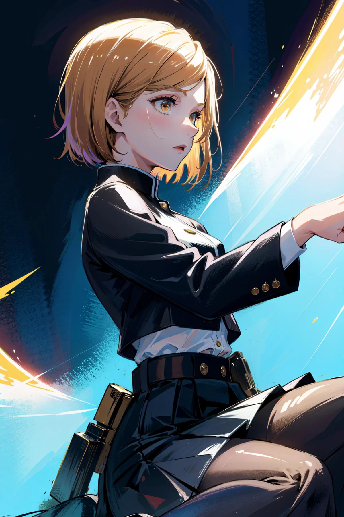 (masterpiece:1.2), best quality, (illustration:1.2), enticing,(Masterfully crafted Glow, lens flare), (ultra-detailed), hyper details, (delicate detailed), (intricate details), (cinematic light, best quality Backlights), clear line,(Dynamic:1.2), ((makeup)), high contrast, (best illumination, an extremely delicate and beautiful), ((cinematic light)), colourful, powerful, (Cinematic masterpiece), photoshoot,mythic, splashes of colour, absolutely eye-catching, ((caustic)), dynamic angle, beautiful detailed lights, (Captivating),ambient occlusion, ambient light, ray-traced reflections, subsurface scattering,
<lora:kugisaki_nobara_v1:0.8> aanobara, short hair, (black jacket:1.2), buttons, long sleeves, black skirt, high-waist skirt, black pantyhose