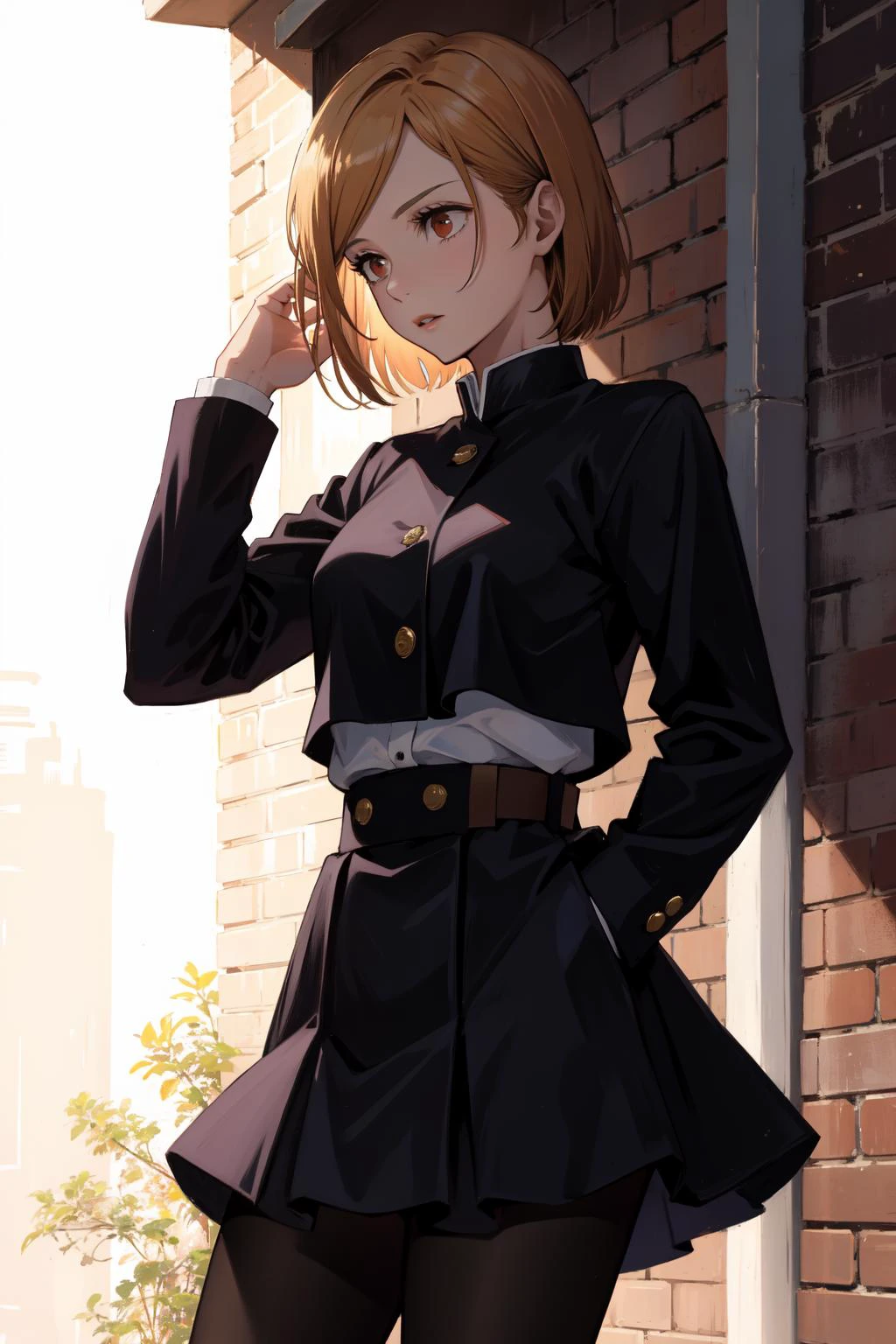 natural lighting, soft lighting, sunlight, HDR (High Dynamic Range), Maximum Clarity And Sharpness, Multi-Layered Textures, <lora:kugisaki_nobara_v1:0.8> aanobara, short hair, (black jacket:1.2), buttons, long sleeves, black skirt, high-waist skirt, black pantyhose
