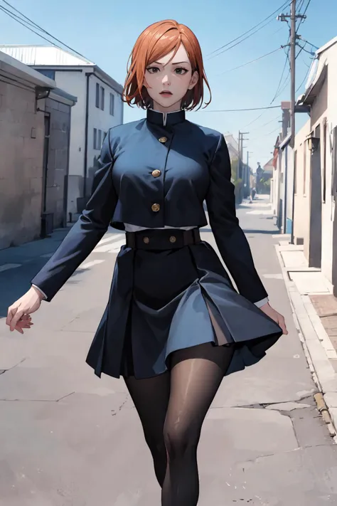 masterpiece, best quality, ultra-detailed, aanobara, short hair, (black jacket:1.2), buttons, long sleeves, black skirt, high-waist skirt, black pantyhose, standing, outdoors, cowboy shot, volumetric lighting, intricate details, tonemapping, sharp focus, hyper detailed, sagging_breasts, saggy breasts, ARTSTYLE_EsadRibic_ownwaifu, <lora:ARTSTYLE_EsadRibic_ownwaifu-15:0.8>, <lora:kugisaki_nobara_v1:0.7>