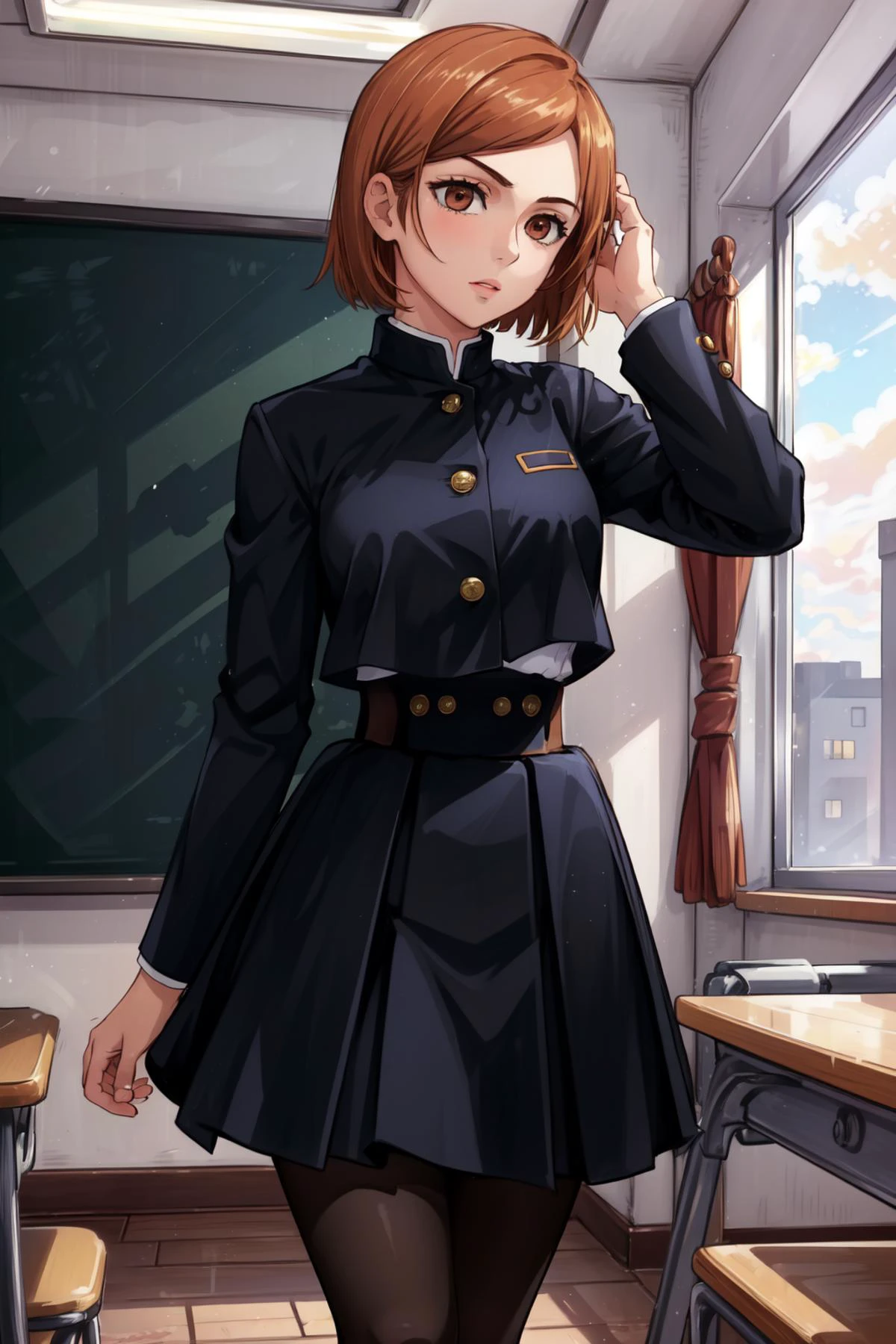 (masterpiece, best quality), intricate details,
1girl, <lora:kugisaki_nobara_v1:0.8> aanobara, short hair, (black jacket:1.2), buttons, long sleeves, black skirt, high-waist skirt, black pantyhose
indoors, school, clasroom,