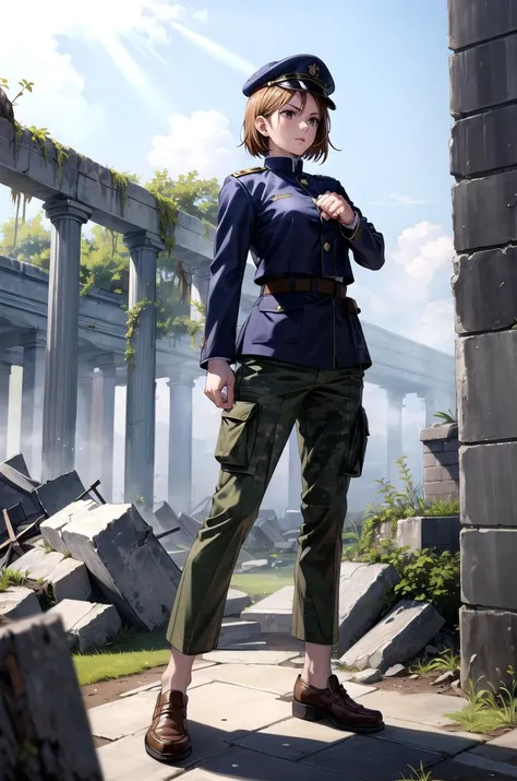 (masterpiece, best quality, detailed), 1girl, solo, aanobara, short hair,
military uniform, military, soldier, metal, military hat, green jacket, belt, green pants, camouflage, ruins, overgrown, rubble, pillar, outdoors, building, light rays, fog, fighting stance, (clenched hands), legs apart, serious