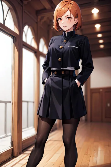 masterpiece, best quality, highres, aanobara, short hair, (black jacket:1.2), buttons, long sleeves, black skirt, high-waist skirt, black pantyhose, <lora:kugisaki_nobara_v1:0.7>, indoors, hand in pocket,