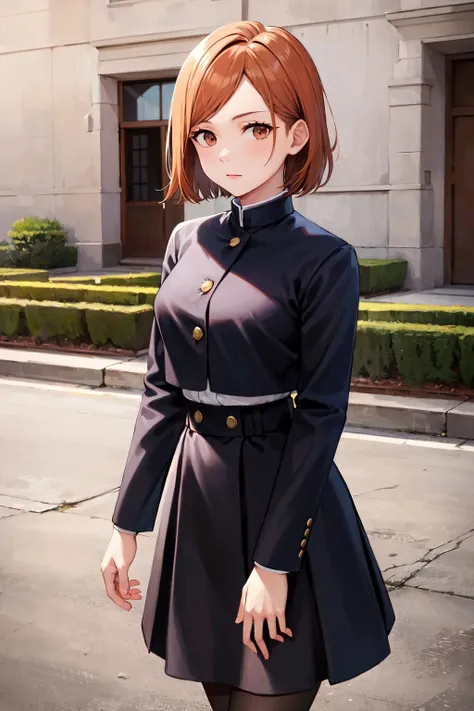 masterpiece, best quality, highres, aanobara, short hair, (black jacket:1.2), buttons, long sleeves, black skirt, high-waist skirt, black pantyhose, <lora:kugisaki_nobara_v1:0.7>, looking at viewer, standing, cowboy shot, outdoors,