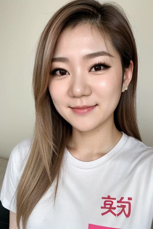 Close-up beauty shot of Becca Twitch, (t-shirt:1.2),. Up-close skin perfection, detailed hair, high-resolution beauty, photo-realistic charm, exquisite facial features