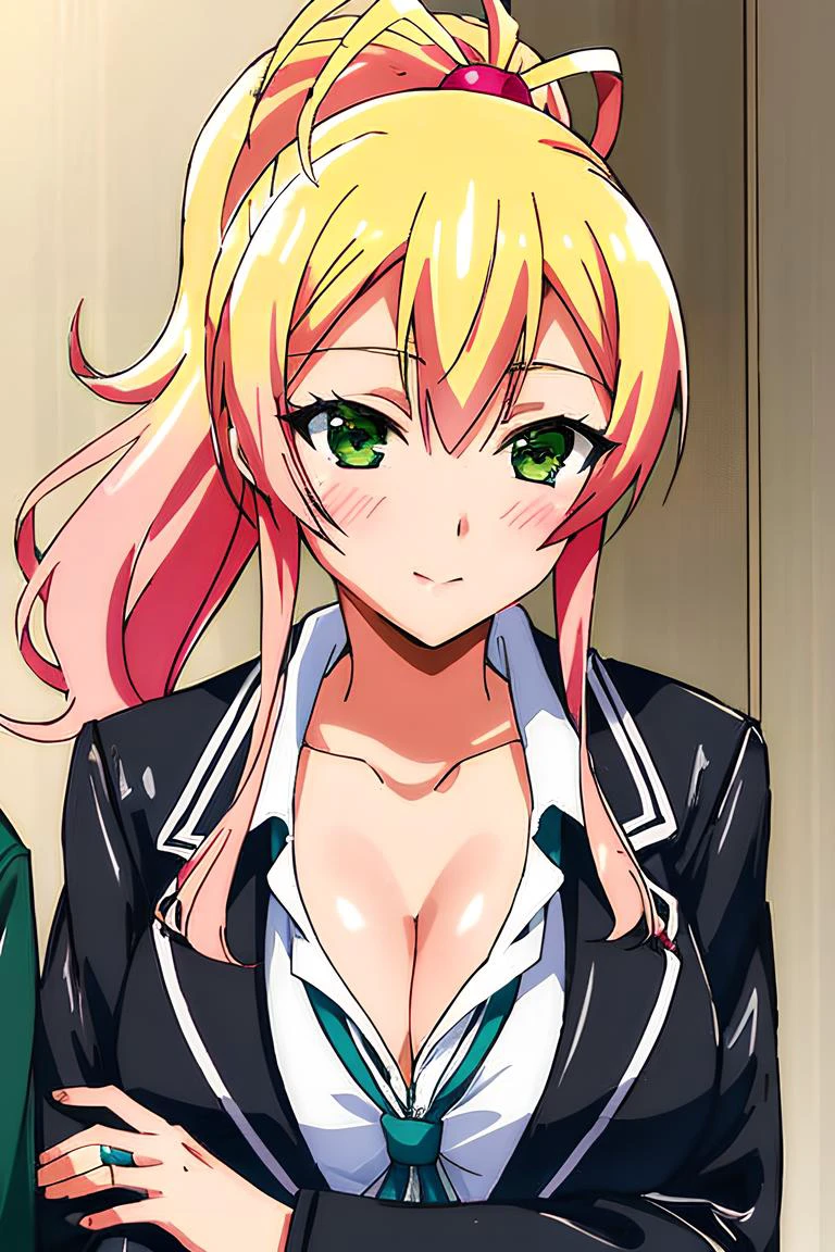 1girl, solo, face, portrait, long hair, pony tail, blonde hair, green eyes, large breasts, (black leather jacket:1.2) , cleavage, school, blushing, looking at the viewer, <lora:yukanaYameMyFirst_10:0.6><hypernet:sgqo1n:1>