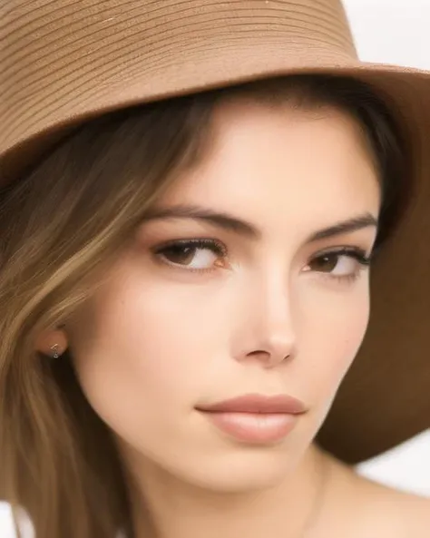 photograph of a sexy 18 year old slim jane-march (in front of old wall), she has brown eyes and pale olive skin, ((straw hat)), ((submissive look)), ((small breasts)), very sexy big eyes, ((vulnerable look)), Canon 5d, Cinematic portrait, shot from above, (looking up into the camera),((eye contact)), head tilted up, professional fashion shot. Feminine,((scrawny)),(petite face), (attractive), stunning, pretty girl,((( brown color eyes))), ((large eyes)), ((sexy innocent look)), ((long eyelashes)), (flawless skin), sharp focus