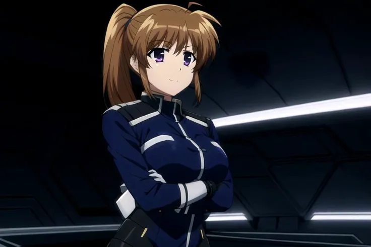 masterpiece, best quality, highres, perfect face, takamachi nanoha, slight smile, anime screencap, purple eyes, <lora:animeScreencapStyle_v230epochs:0.3> <lora:nanoha-strikers:0.6>