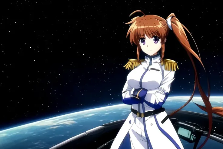 masterpiece, best quality, highres, perfect face, takamachi nanoha, slight smile, anime screencap, purple eyes, <lora:animeScreencapStyle_v230epochs:0.3> <lora:nanoha-strikers:0.6>