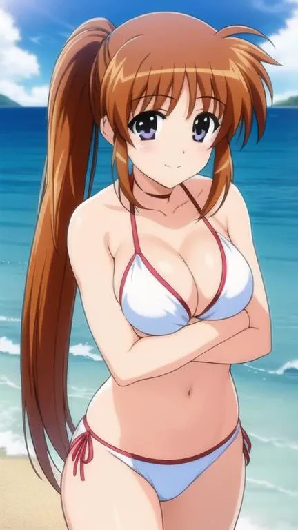 takamachi nanoha, 1girl, side ponytail, white ribbon, blush, smile,
(bikini, arms under breasts:1.4), standing, close-up,
beach, sandals, ocean,
<lora:nanoha-strikers-takamachi-nanoha:0.8>