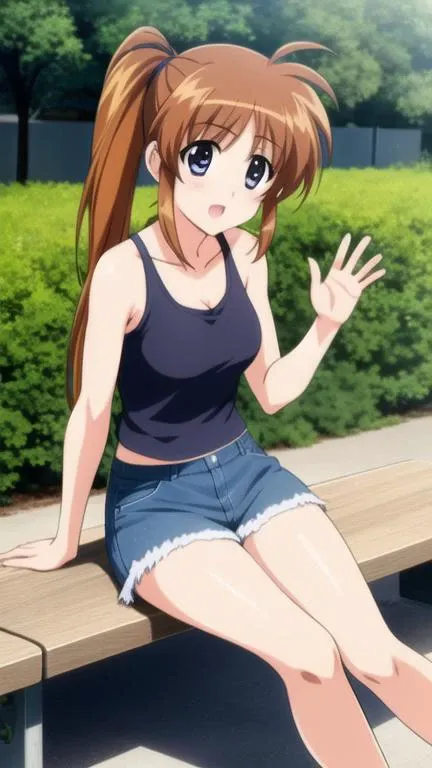 takamachi nanoha, 1girl, side ponytail, hair tie, open mouth,
tank top, denim, denim skirt,
waving, outdoors, park, park bench,
<lora:nanoha-strikers-takamachi-nanoha:0.8>